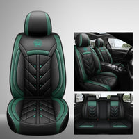 Vue d’ensemble des housses de siège auto universelles 5 places en cuir PU noir et vert, offrant une protection intégrale et un style élégant.